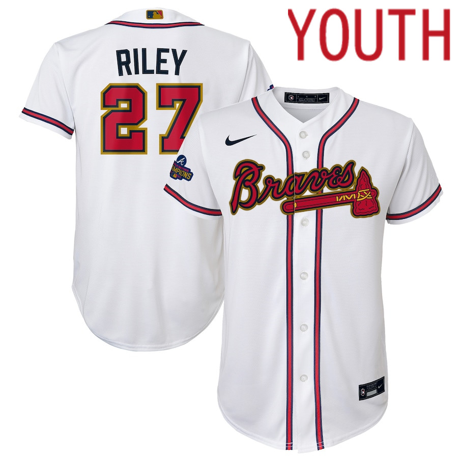 Custom Youth Atlanta Braves 27 Austin Riley Nike White 2022 Gold Program Replica Player MLB Jersey